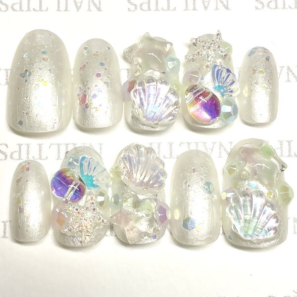 ☆貝殻ネイル☆オーロラ キラキラ シャイニー ゴテゴテ ちゅるん うるうる 透明感 クリア サマー夏 3D 立体 盛りデコ 繰り返し使える 貼るだけ簡単 ネイリスト作成 ハンドメイド ネイルチップ nailつけ爪付け爪 美フォルム美爪きれいめオーバル指長効果sm