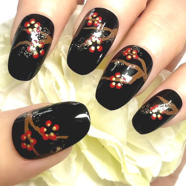 ☆和柄/梅のお花ネイル☆フラワー ブラック ゴールドラメ キラキラ 手書きアート ネイルアート シンプル ..