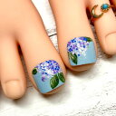 あじさいフットネイル紫陽花 フラワー お花 手描きアート ペイント サックスブルー 雨 浴衣 繰り返し使える 貼るだけ 簡単便利 ネイリスト作成 ハンドメイド 手作り サマー 夏祭 サンダル ネイルチップ 足用 つけ爪 付け爪 親指用2本 ペディー ペディキュア footnail