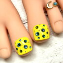 ドットビジューフットネイルネオン イエロー 派手 カラフル ポップ キラキラ ブルーストーン 繰り返し使える 貼るだけ 簡単便利 ネイリスト作成 蛍光 黄色 鮮やか サマー 夏 サンダル ネイルチップ 足用 つけ爪 付け爪 親指用2本 ペディキュア footnail