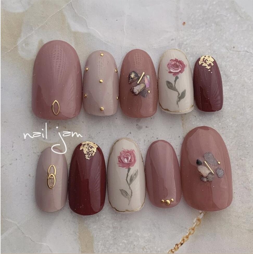 ＼　即日発送　／　ピンクブラウンのローズネイル　フリーサイズ　ブライダル　成人式　ネイルチップ nailjam　ネイルジャム　【No.086】 nailjam-10000731 nail jam パッケージ画像