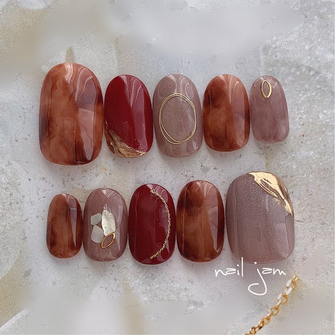 オーダーネイルチップ　レッド&グレージュのべっ甲ネイル　〜ネイルチップ　オーダーチップ　サイズ選..