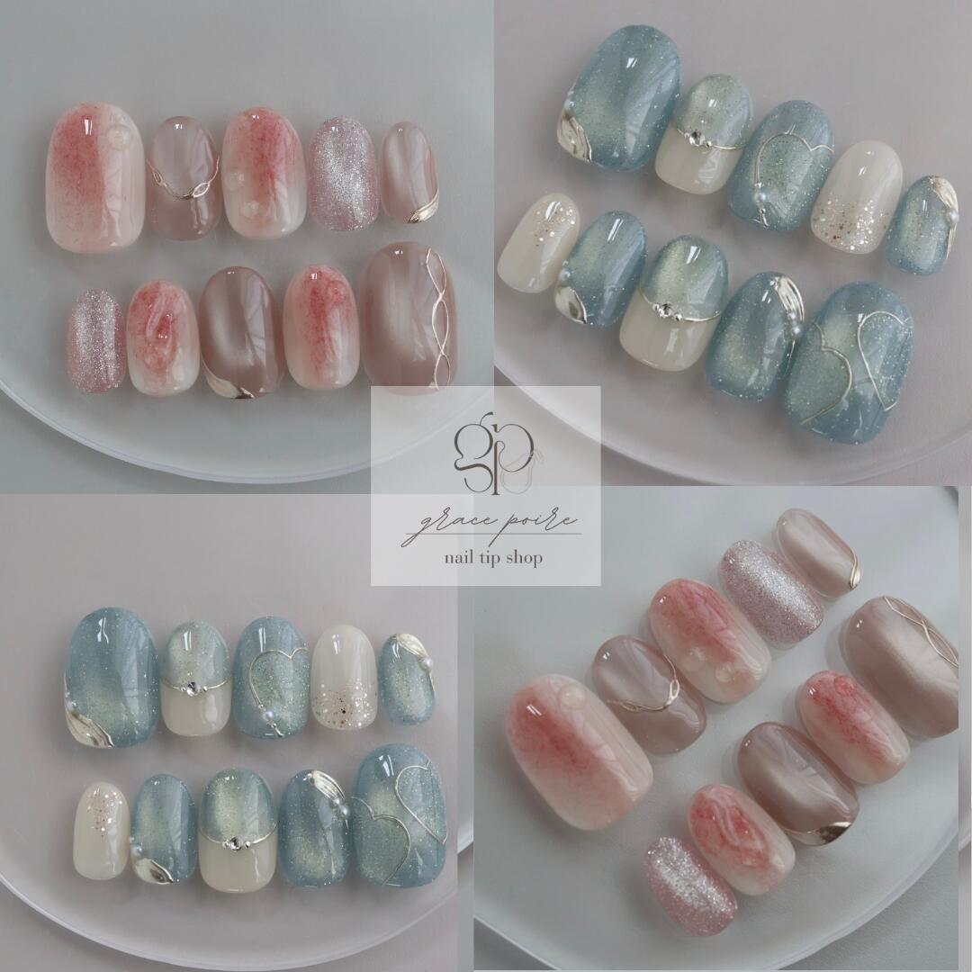 乐天商城 - オーダーネイルチップ　grace poire　ネイルチップ　デザイン2種　フリーサイズ　ブライダル　成人式　結婚式　ネイルチップ　グレースポワール