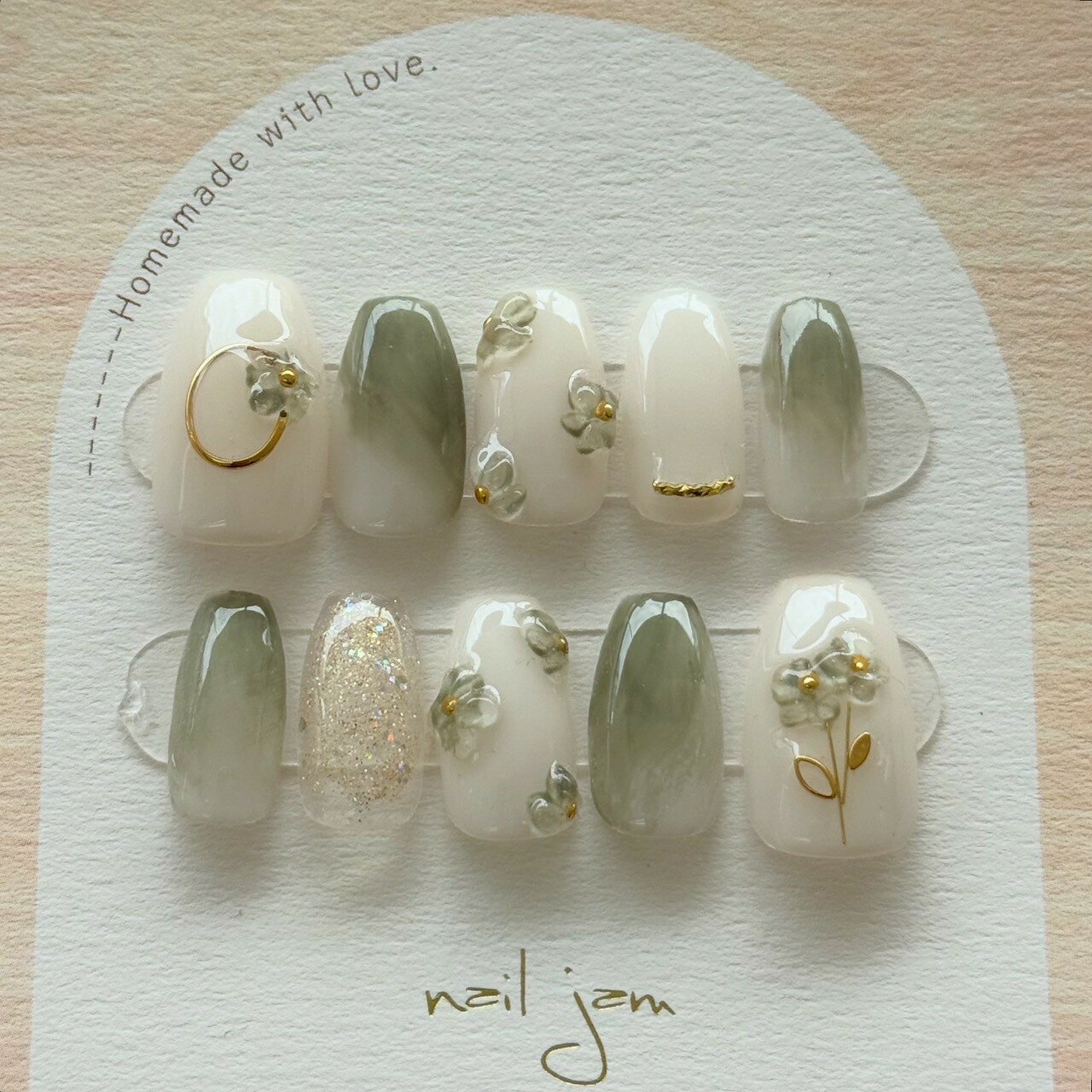 オーダーネイルチップ　抹茶ラテのぷくぷくネイル〜ネイルチップ　オーダーチップ　サイズ選択　ブライ..