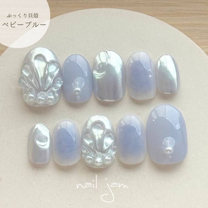 乐天商城 - ＼　即日発送　／　ベビーブルーのマリンネイル　フリーサイズ　ブライダル　成人式　ネイルチップ nailjam　ネイルジャム　【No.111-2】
