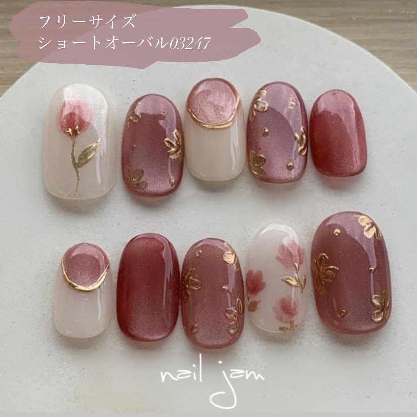 ＼　即日発送　／　ネイルチップ　フリーサイズ　ダスティーレッドのうるうるマグネット　ブライダル　前撮り　結婚式　成人式　ネイル　付け爪　ネイルジャム　nail jam　(No.097)