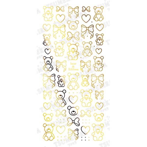 商品到着後レビューを書いて次回使える200円OFFクーポンGETbear&Ribbon gold可愛いもの好き必見!くま×リボンの大人可愛いデザインを詰め込みました。色を入れたりドットをくまの目にアレンジしたりと、お好みで幅広く楽しめるシールです。SG-HON-003(ジェル専用)127mm×63mm