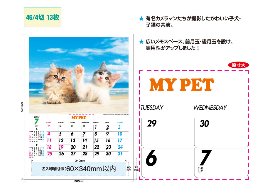 送料無料 2027 令和9年 壁掛け名入れ カレンダー IC-261H マイペット（NK-109） かわいい動物 犬 猫 月めくり 月表 社名 団体名 記念品 挨拶 粗品 年末挨拶 祝い 年賀 ノベルティ 日本製