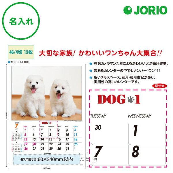 送料無料 2026 令和8年 壁掛け名入れ カレンダー IC-260H ドッグワン かわいい動物 犬 月めくり 月表 社名 団体名 記念品 挨拶 粗品 年末挨拶...