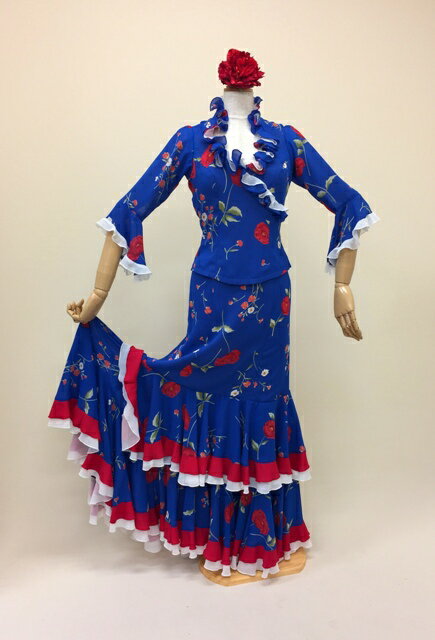 フラメンコ衣装 青花柄衣裳 花柄ツーピース 胸元フリル マーメイド 花柄ブラウス 花柄スカート セット 舞台衣装 ステージ衣装 発表会 フラメンコ 衣裳 1点物...