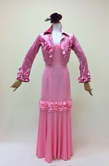 フラメンコ衣装ピンクベロアジャケット　ピンクワンピース　ツーピース　一点もの　かわいい　軽やか　..