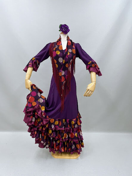 【中古】フラメンコ衣装 ダンス衣装 中古フラメンコ衣装 中古ダンス衣装 中古衣装 紫ワンピース お買い得 格安フラメンコ衣装ぼかし水玉シージョ付きワンピース 軽くて踊りやすいナジャハウス 日本製