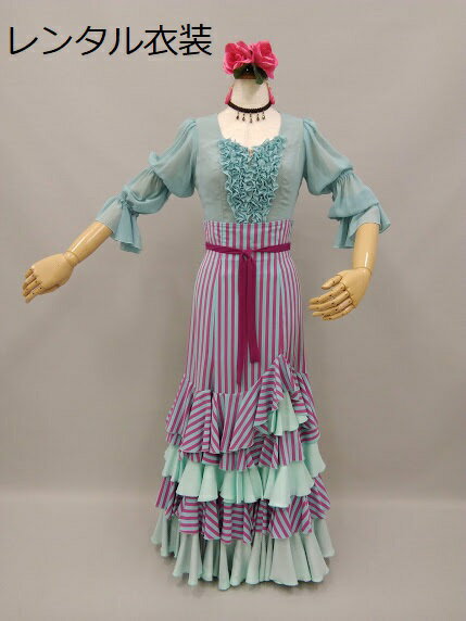 【レンタル】RBL-57-3 RSK-58-1 ブラウス スカート ツーピース スモーキーカラー ブルー ピンク ストライプ ハイウエスト リボン付き グアヒー...