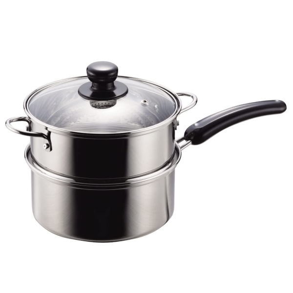 Newだんらん ステンレス製ガラス蓋付き片手2段蒸し器18cm H-5874