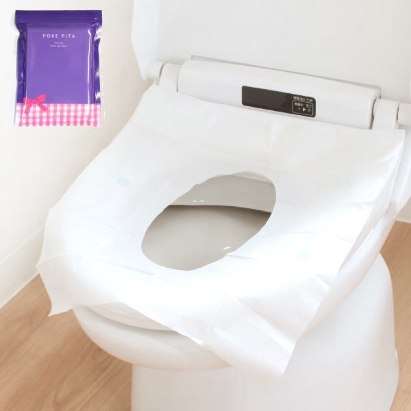 ・ 製品サイズ / 約 縦 43 × 横 38 cm・ 材質 / 紙材(抗菌加工)・ 生産国 / 日本・ 使い捨て便座シート「ポケぴた」。トイレの衛生面が不安な時ににサッと取り出し広げるだけ！海外旅行や外出先のトイレも気持ちよく使えます。持ち運びがしやすいコンパクトパッケージ。2か所の接着面で座る時にズレにくく、水に溶けるので使用後はそのまま流せます。