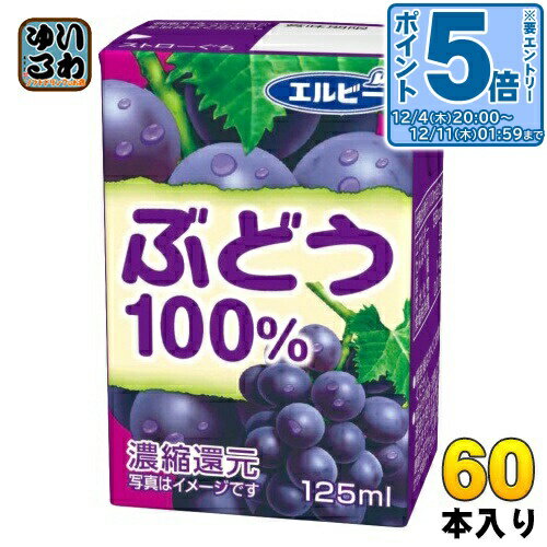 〔エントリーでポイント5倍！〕 エルビー ぶどう100% 125ml 紙パック 60本 (30本入×2 まとめ買い) 果汁飲料 グレープジュース ぶどうジュース 果汁100％ 濃縮還元