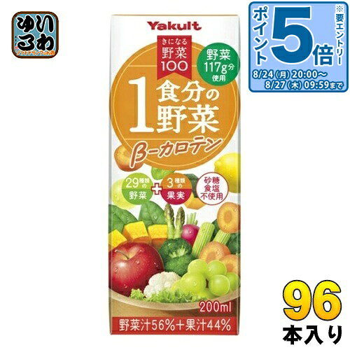 ＞ こちらの商品の単品・まとめ買いはこちら【一個あたり 141円（税込）】【賞味期間】製造後9ヶ月【商品説明】1個(200ml)で1食分(厚生労働省が推奨する1日の摂取目標値350gの1/3)の野菜(117g)を使用した1食分の野菜入り混合果汁飲料です。砂糖、食塩は一切使用していません。【名称および品名】にんじんミックスジュース【エネルギー】1個あたり76kcal【栄養成分】たんぱく質 0.8g、脂質 0.2g、炭水化物 18.3g、食塩相当量 0〜0.6g、糖質 17.4g、糖類 15.0g、食物繊維 0〜1.8gビタミンA 212〜1,528 、β-カロテン 2,231〜13,415 【原材料】濃縮にんじん(アメリカ製造・オーストラリア製造)、ぶどう、りんご、レモン、赤ピーマン、きゅうり、いんげん豆、大根(濃縮還元)、ピーマン(濃縮還元)、メキャベツ(濃縮還元)、ケール(濃縮還元)、レタス、アスパラガス(濃縮還元)、カリフラワー、グリーンピース、冬瓜、緑豆スプラウト(もやし)、ブロッコリー(濃縮還元)、ゴーヤ、ゴボウ、セロリ、モロヘイヤ、かぼちゃ、ヤーコン、あしたば、小松菜、パセリ、クレソン、キャベツ、ラディッシュ、ほうれん草、みつ葉、香料【保存方法】常温【製造者、販売者、又は輸入者】株式会社ヤクルト本社【アレルギー特定原材料】リンゴ※北海道・沖縄県・離島(一部)へのお届けは決済時に送料無料となっていても追加送料が必要です。(コカ・コーラ直送を除く)北海道1個口 715円（税込）、沖縄県1個口 2420円（税込）※離島・一部地域は追加送料がかかる場合があります。追加送料の詳細は注文確定メールにてご案内いたします。※本商品はご注文タイミングやご注文内容によっては、購入履歴からのご注文キャンセル、修正を受け付けることができない場合がございます。変更・修正ができない場合は、メール、お電話にてご連絡をお願い致します。■ 法人・団体のお客様 大口購入のご相談承ります ■法人のお客様、各種団体のお客様で、まとまった数量でのご購入をご検討の際は、お気軽にご相談ください。お客様のご要望に合わせて柔軟に対応させていただきます。まずはお気軽にお問い合わせフォームよりご連絡ください。送料無料 野菜ジュース 果汁飲料 野菜ミックス 果汁ミックス 野菜 気になる野菜 一食分の野菜 果実 ベータカロテン βカロテン にんじんミックスジュース 砂糖不使用 食塩不使用 砂糖食塩不使用 ジュース Yakult 分類: 200ml 紙パック (180ml〜250ml) 4903080115748