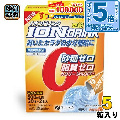 ＞ こちらの商品の単品・まとめ買いはこちら【一個あたり 611円（税込）】【賞味期間】製造後25ヶ月【商品説明】砂糖ゼロ！脂質ゼロ！みかん味！乾いたカラダの水分補給と亜鉛！亜鉛をプラスした栄養機能食品です。大容量500mlペットボトル22本分(11L分)。使いやすいスティックタイプです。◆お風呂上がり、起床後など、ご家族皆様の水分補給におすすめ。夏でも冬でもアイスでもホットでもすっきりお飲みいただけます！◆経済的！コスパが良いというお声を多くいただいております。使いやすいスティック状の顆粒タイプで500mlのペットボトルにサッと溶かすだけのちょうどよい分量サイズです。一箱でペットボトル22本分お使いいただけます。◆エネルギーを作るのに欠かせないクエン酸も配合していますので、スポーツ時の渇いたカラダの水分補給に、汗で失った電解質の補給にご利用ください。◆砂糖ゼロ！　脂質ゼロ！カロリー94%off！カロリーや砂糖を気にせず水分吸収効率も考えた商品です。◆ミネラルの亜鉛をプラスしたイオンドリンク。ゴクゴク飲めるすっきりさわやかみかん味。◆浸透圧80 mosm/Lのハイポトニック飲料です。水やお茶に含まれない電解質が含まれますので、水分吸収効率が良く、熱中時の対策にも。◆お召し上がり方(1)適切な容器に水約500mlを入れる(2)本品1包(3.0g)全量を適切な容器に入れる。(3)よく混ぜ合わせて溶かしたら出来上がり。※水で満たされているペットボトルに、本品をそのまま入れると、水があふれる場合がありますので、ご注意ください。※取扱上の注意※体質にあわないと思われる場合はお召し上がりの量を減らすか、または止めてください。本品は吸湿しやすいので、開封後はすぐにご使用ください。また、溶かした後は冷蔵庫にて保存し、お早めにお召し上がりください。本品を溶かしたり保存する場合には金属製以外の容器をご使用ください。本品を水に溶かした時に原料由来の成分が浮遊することがありますが、品質には問題ありません。【広告文責】　株式会社ナカヱ　050-3786-3286【メーカー名】　株式会社ファイン【製造国】 日本製【商品区分】 栄養機能食品【内容量(1箱)】66g(3.0g×22包)【名称および品名】粉末清涼飲料【エネルギー】1本(3.0g)あたり8.3kcal【栄養成分】たんぱく質 0.07g、脂質 0g、炭水化物 2.0g、-糖類 0g、食塩相当量 0.5g、カルシウム 10mg、カリウム 90mg、マグネシウム 3mg、亜鉛 2.64mg【原材料】難消化性デキストリン(フランス製造)、マルチトール、食塩/クエン酸、V.C、甘味料(アセスルファムK)、塩化K、乳酸Ca、微粒二酸化ケイ素、グルコン酸亜鉛、クエン酸Ca、香料、炭酸Mg【保存方法】常温【製造者、販売者、又は輸入者】株式会社ファイン【アレルギー特定原材料】なし※北海道・沖縄県・離島(一部)へのお届けは決済時に送料無料となっていても追加送料が必要です。(コカ・コーラ直送を除く)北海道1個口 715円（税込）、沖縄県1個口 2420円（税込）※離島・一部地域は追加送料がかかる場合があります。追加送料の詳細は注文確定メールにてご案内いたします。※本商品はご注文タイミングやご注文内容によっては、購入履歴からのご注文キャンセル、修正を受け付けることができない場合がございます。変更・修正ができない場合は、メール、お電話にてご連絡をお願い致します。■ 法人・団体のお客様 大口購入のご相談承ります ■法人のお客様、各種団体のお客様で、まとまった数量でのご購入をご検討の際は、お気軽にご相談ください。お客様のご要望に合わせて柔軟に対応させていただきます。まずはお気軽にお問い合わせフォームよりご連絡ください。送料無料 スポーツドリンク スポドリ ハイポトニック飲料 スティックタイプ 熱中症対策 粉末タイプ パウダータイプ ION DRINK 飲料 砂糖0 脂質0 500ml用 20本+2本入 スポーツドリンクパウダー FINE JAPAN 渇いたカラダの水分補給に すっきり感UP! みかん味 オレンジ味 蜜柑味 オレンジ風味 蜜柑風味 栄養機能食品 亜鉛PLUS+ 亜鉛+ 水分補給 塩分補給 4976652011373