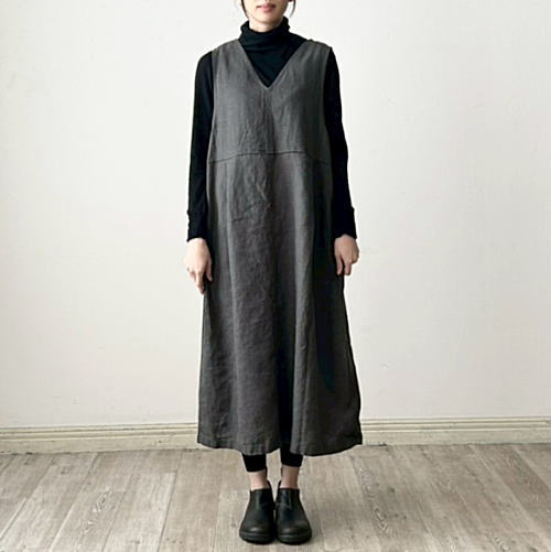 美品　フォグリネンワーク リネンロングワンピース 黒 リボン　リトアニアリネン fog linen work - fog linen work ワンピース フォグリネンワークの