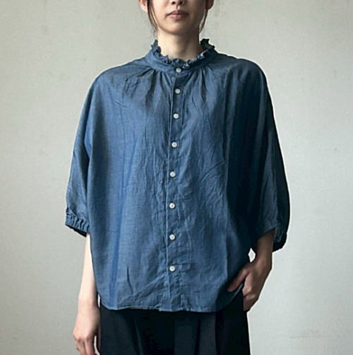 乐天商城 - NARU(ナル）2.25ozデニム ターキーシャツ　フリルネック
