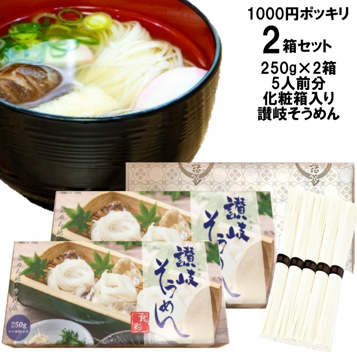 1000円ポッキリ 送料無料 そうめん ギフト 化粧箱入り讃岐そうめん 2箱セット 5人前分 500g (1箱250g 50g×5束 5人前分) [デザインBOX+オリジナル紙包装]乾麺 干しめん 素麺 さぬき 香川丸亀 販促品 中元 内祝 お礼 備蓄保存食品 つゆなし 流しそうめん