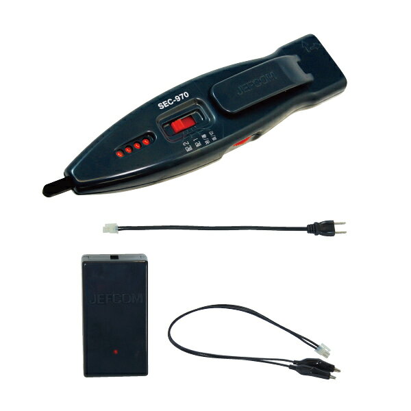 ※　商品詳細　※ メーカー ジェフコム（JEFCOM） 商品名 ブレーカー配線チェッカー 商品型番 SEC-970 特徴 ●薄型ブレーカー対応(100V/200V)●5つの機能　直接検電・被覆検電・導通・極性・ブレーカー探査機能●音と光でわかりやすい●感度調整ボリューム付●MADE IN JAPAN●セット内容：活線用受信器、送信器、クリップ付コード、ACプラグ付コード 仕様 用途 0 本体サイズ 個装サイズ・質量：W110×D45×H200mm・285g 質量 ・質量：35g(電池含む) 材質 梱包仕様 個装梱包：ケース＆スリーブ個装梱包：個装梱包：ケース＆スリーブ 個装サイズ：個装サイズ・質量：W110×D45×H200mm・285g 質量（梱包込）： 原産国 ・原産国：日本 注意事項