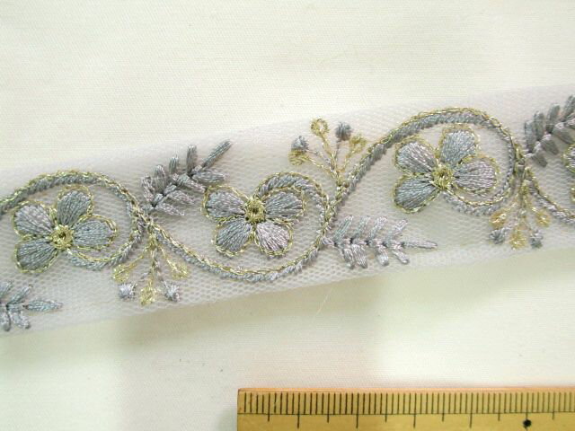 インド刺繍リボン（2.7cm幅 1m）グレー×薄金