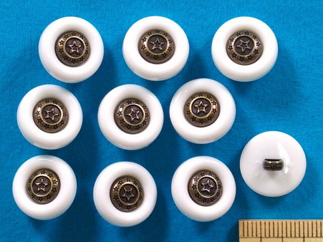 プラメタルボタン（15mm）白×黒金（星）