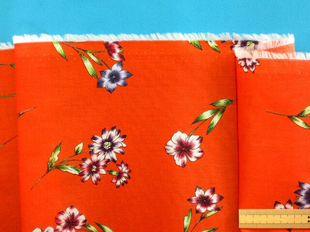 在庫処分綿ローンプリント生地花・オレンジ””（105cm幅　2m）