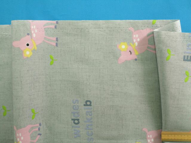 綿プリント生地コジカ・グレー×ピンク（155cm幅　1．5m）