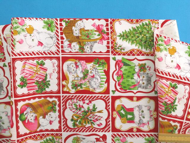綿プリント生地クリスマス/ネコオフ白×赤（110cm幅　1m）