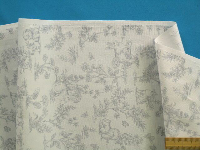 綿プリントオックス生地動物/植物・オフ白×グレー（110cm幅　1m）