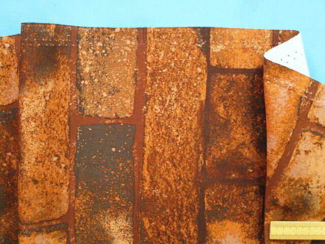 綿プリントオックス生地レンガ柄・コゲ茶（110cm幅　1m）