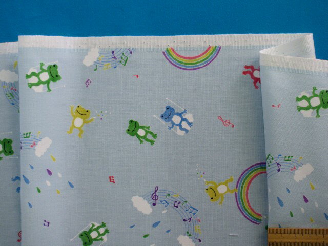 綿プリント生地カエル/音符・水色