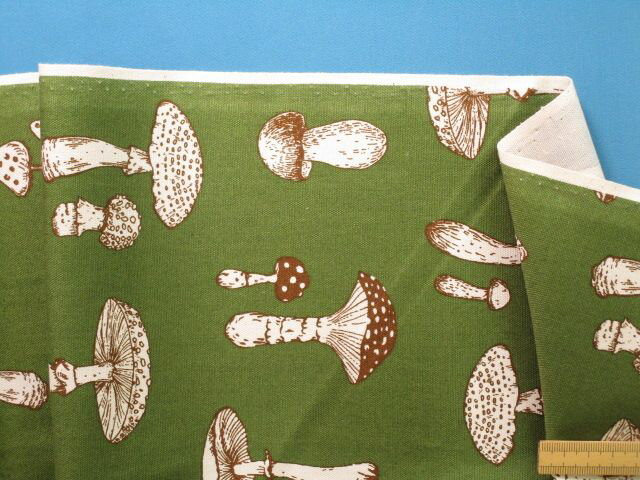 綿プリントオックス生地キノコ・抹茶×生成り（110cm幅　1m）のサムネイル