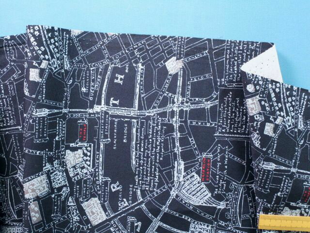 綿プリントオックス生地地図・紺×水（110cm幅　1m）