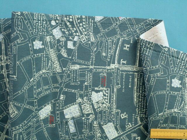 綿プリントオックス生地地図・ブルーグリン（110cm幅　1m）