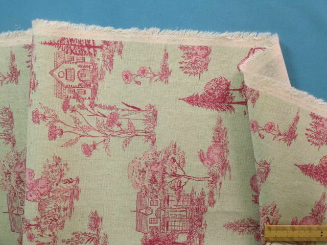 綿麻キャンバス生地家/動物・薄グリン×濃ピンク系（105cm幅　1m）