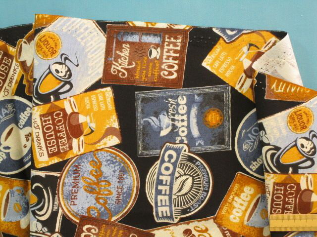 綿プリントオックス生地コーヒー・黒×ブルー系（110cm幅　1m）