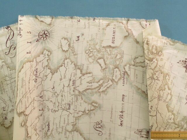 綿ローンプリント生地地図・アイボリー×濃紫（105cm幅　2m）