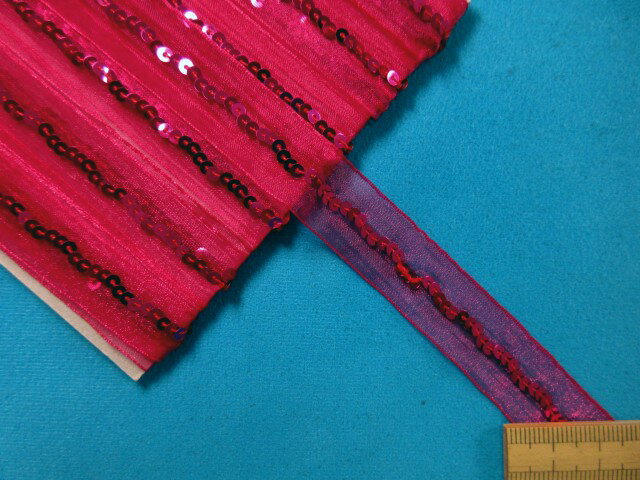 スパンコール×オーガンジーリボンブレード濃ピンク（1．6cm幅　5m巻）
