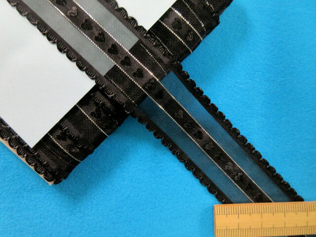 ジャガード×オーガンジーリボン(2.7cm幅 5m巻)黒×銀