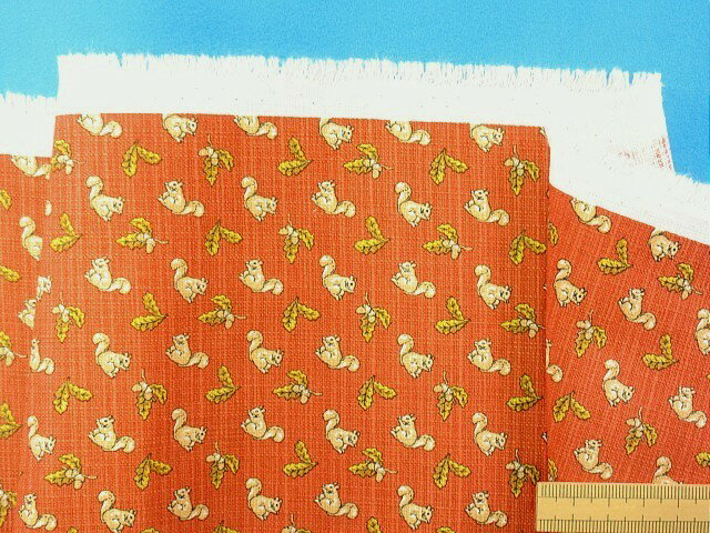 在庫処分綿プリントブッチャー生地りすレンガ×ベージュ（110cm幅　2m）