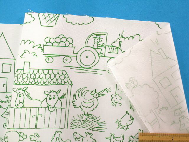 インテリア生地動物と人・オフ白×グリン（150cm幅　1．5m）