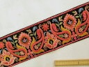 インド刺繍リボン(6.5cm幅 1m)黒×薄オレンジピンク系(3)