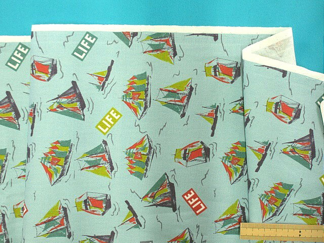 綿プリントオックス生地ヨット・水色（110cm幅　2m）