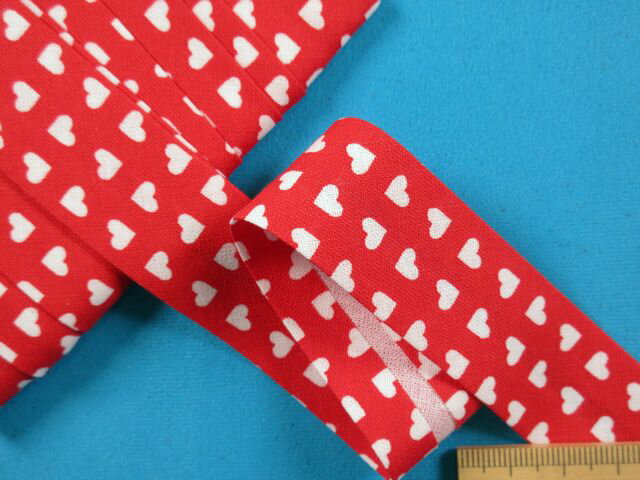 ハート柄ワイドバイアス（両折れタイプ）赤×白（25mm幅　7m巻）/