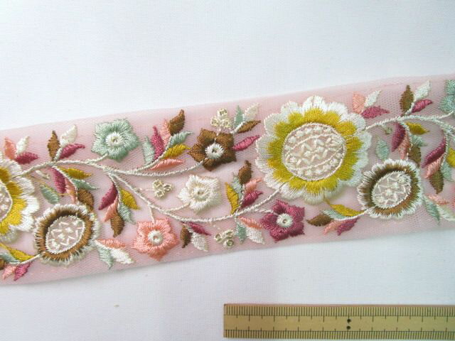 インド刺繍リボン（5.8cm幅 1m）オレンジピンク×イエロー×渋ローズ