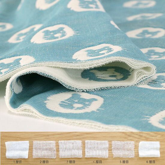 カットクロス 限定生地【ライオン/セルリアンブルー】六重織ガーゼ生地 入園入学準備/ベビー/手芸/ハンドメイド/六重織ガーゼ生地/6重ガーゼ生地/六重ガーゼ生地/三河木綿/国産/日本製/綿100％/コットン100%/gauze/cotton100%/ 2