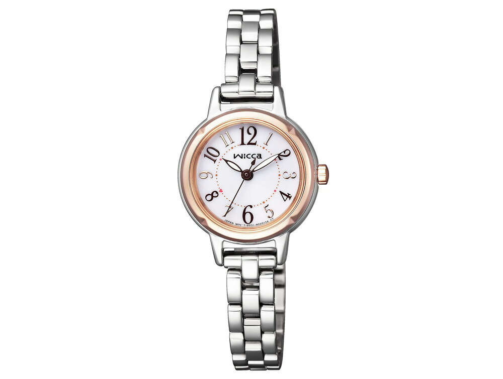 キャリバーNo：E031 ソーラーテック(光発電) フル充電時約6ヶ月可動 充電警告機能 過充電防止機能 クイックスタート機能 風防：クリスタルガラス ケース素材:ステンレス ケース表面処理：一部めっき(ピンクゴールド色) バンド素材:ステンレス 留金：三ツ折れプッシュタイプ ケースサイズ：24.0mm 厚み：7.1mm バンド調整可能サイズ：123〜182mm カラー 文字盤：ホワイト バンド：シルバー 防水：5気圧防水 精度：月差±15秒 付属品：専用BOX 　　　　取扱説明書,保証書 ※保証期間は1年間です。 ウィッカ(wicca)は、女性らしいデザインに、 電池交換のいらない光発電ソーラーテックなど機能性を兼ね備えたレディスウオッチブランドです。 こちらは、可愛らしさと視認性を両立したベーシックなモデルです。 「恋する女の子の毎日がたくさんのハッピーに包まれますように」という想いを込めて、 無限大を意味する「8」の中と8時の位置の切分にハートのマークをあしらいました♪ 最新カワイイウオッチ。 ときめく最新デザインに、たよれる最新の機能 & クオリティの、どんなときも、女の子のキブンを上げ、 キラキラさせてくれる、さりげなく大人かわいいデザインのウォッチ、いかがですか？ ※当店取扱いCITIZEN商品は、すべて正規品となります。メーカー保証付きです。 商品の画像（カラー）については、モニター等の状況によって、多少の誤差が生じる場合がございます。予めご了承ください。 ギフト対応